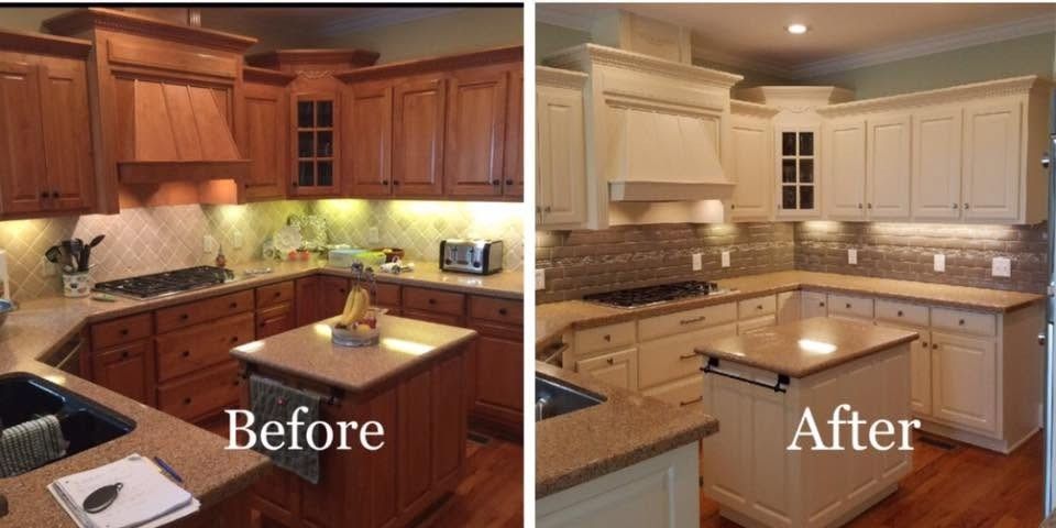 Before and after of kitchen cabinets refinished from wood tone to white