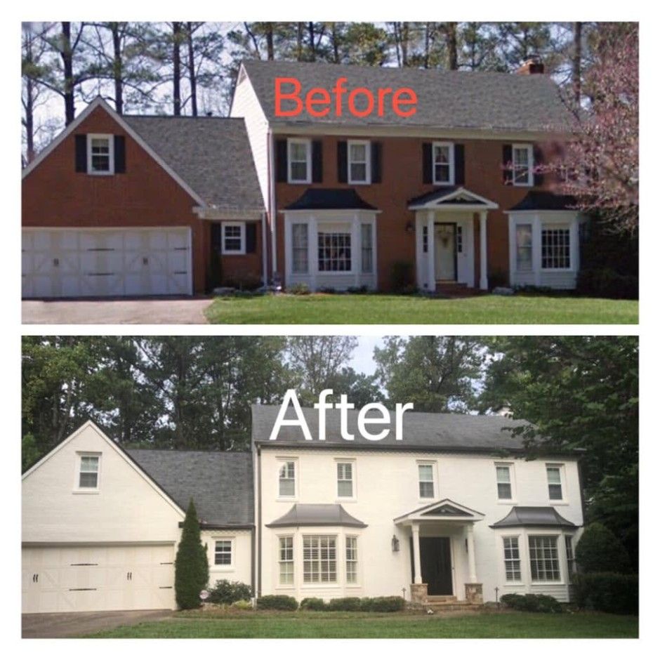 Before and after of a red brick colonial painted white with Romabio masonry paint