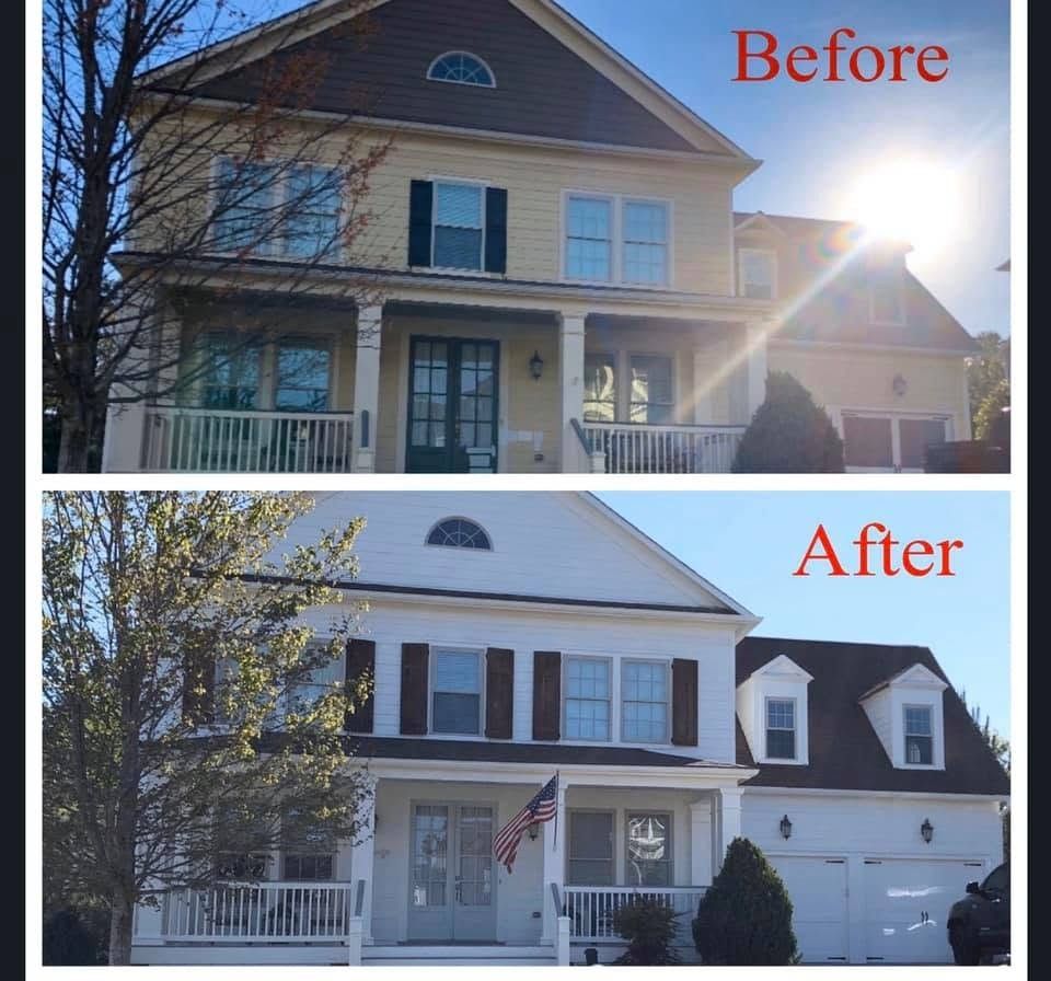 Before and after of a two-story home repainted white with new shutters
